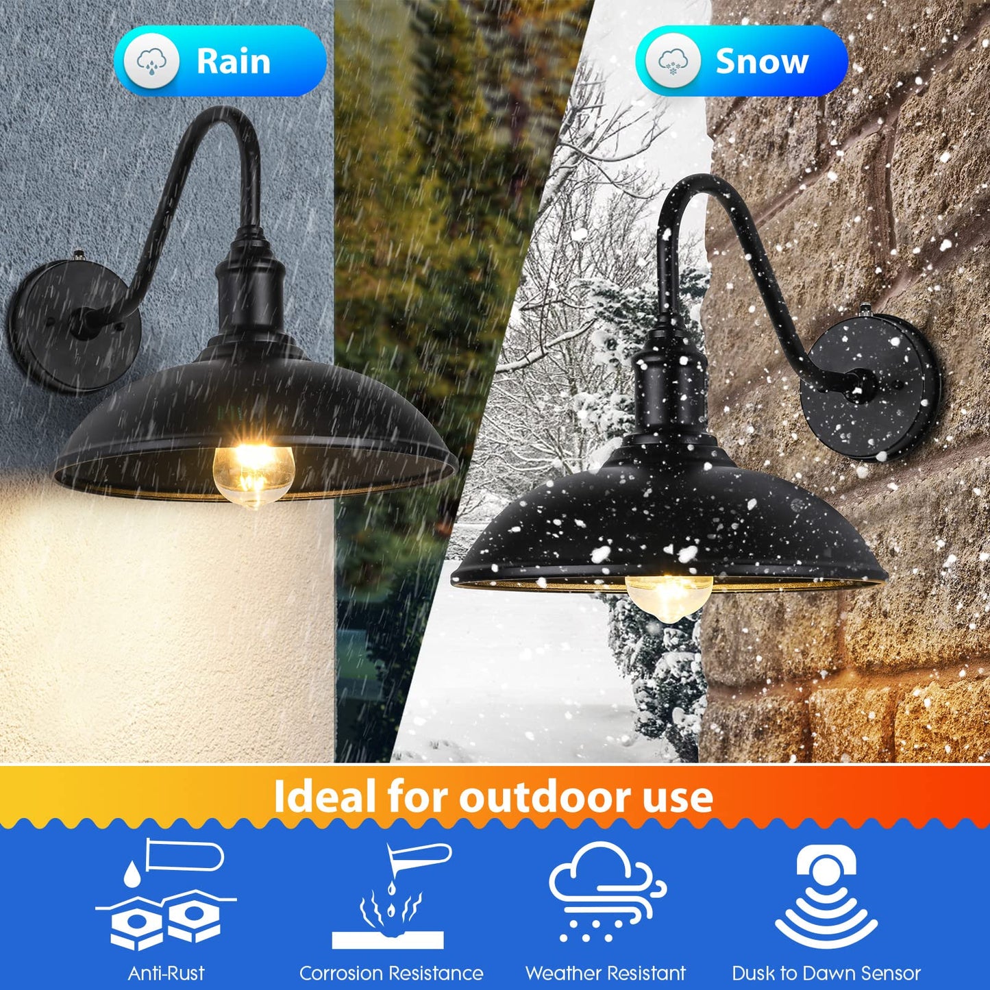 Naurham Outdoor Barn Light Fixtures - Dusk to Dawn Exterior Farmhouse Lighting for House with Anti-ponding Bottom, Barn Lights Outdoor Gooseneck