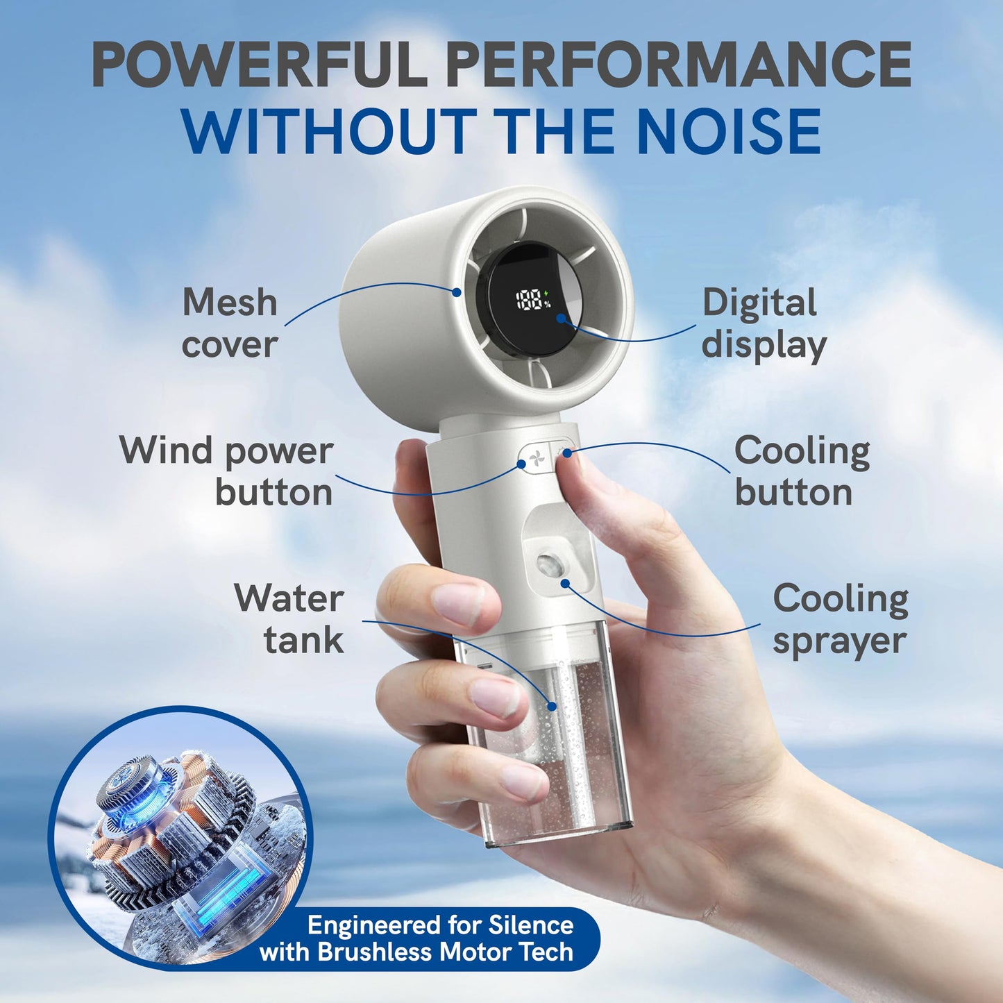 ValoInv Valo Portable Rechargeable Fan - Mini Cooling Fan for Travel, USB Desk Personal Fan with 100 Speeds, Water Cooling Technology, 50ml Tank
