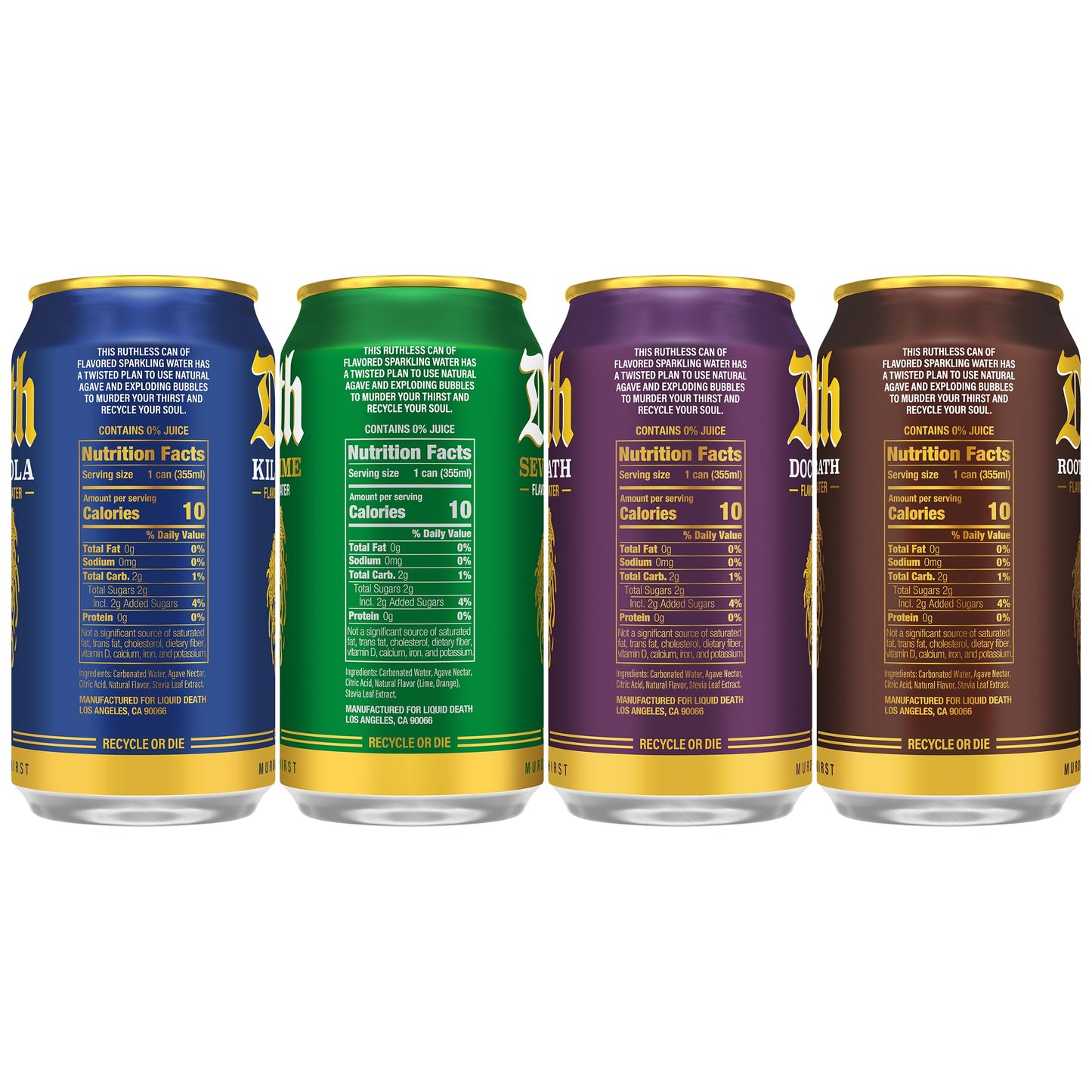 Liquid Death Soda-Flavored Sparkling Water - Classic Variety, Less Sugar*, Huge Flavor, No Caffeine, No Artificial Sweeteners, 4 Flavors: Lime, Doctor Death, Cola, Root Beer, 12 Fl Oz (Pack of 12)