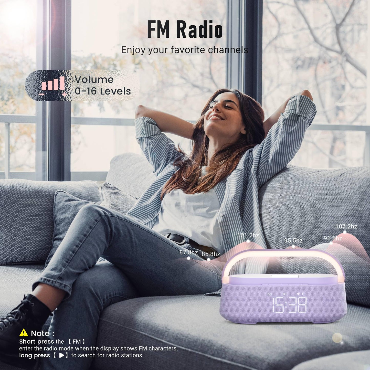 FREEFISH Bluetooth Speaker with Wireless Charger, FM Radio, Dimmer Night Light, Phone Holder, Wireless Charging Speakers for iPhone Samsung, Bedrooms