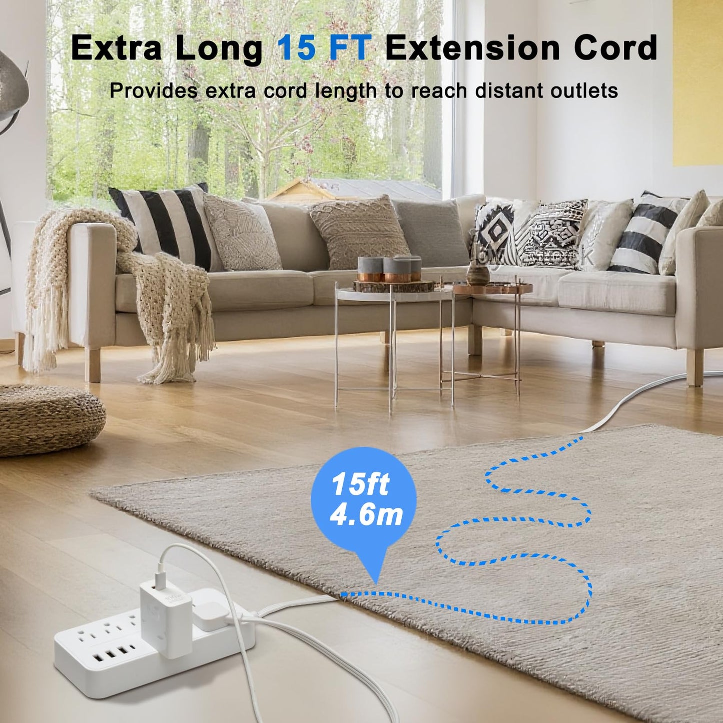 Flat Extension Cord 15 ft, Surge Protector Power Strip with 8 Outlets 4 USB, Flat Plug Outlet Extender, Extension Cord with Multiple Outlets