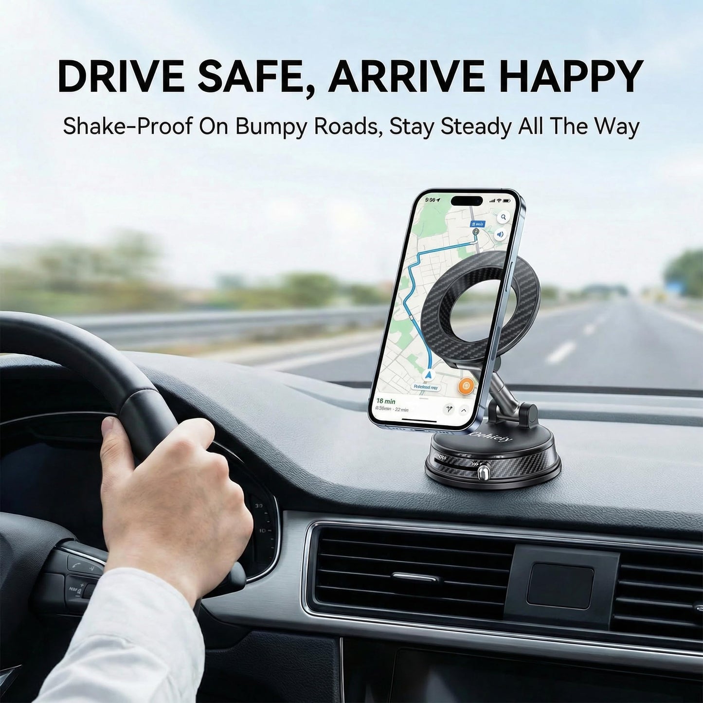 Oehieiy Car Phone Holder, Black Magnetic Phone Holder for Car, N52 Strong Magnets Suction Cup Mount, Dashboard Windshield, 1080° Rotation for All