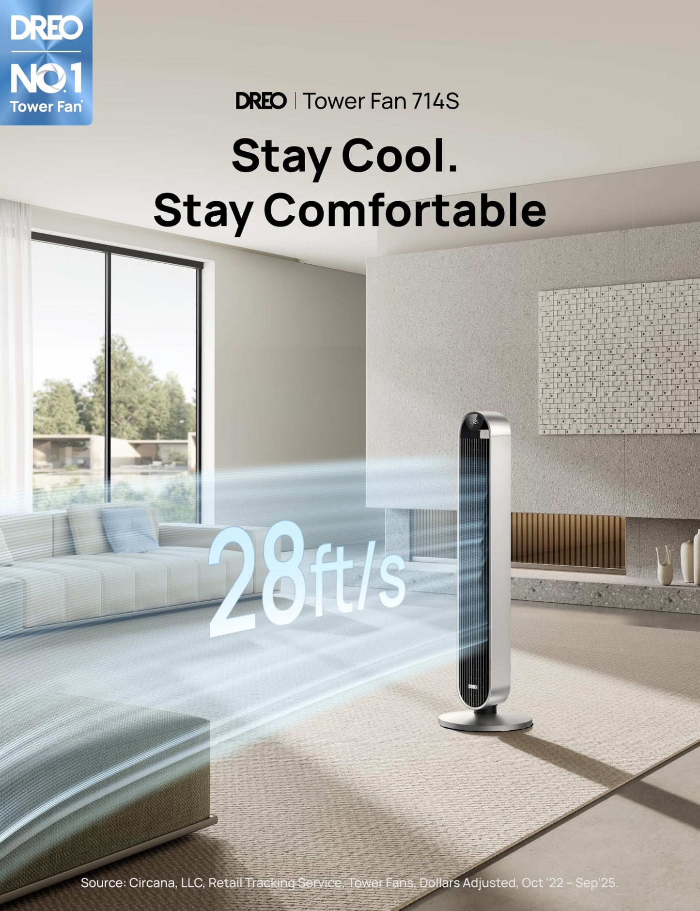 DREO Smart Tower Fan for Bedroom, 120° Oscillating Fan, 12 Speeds