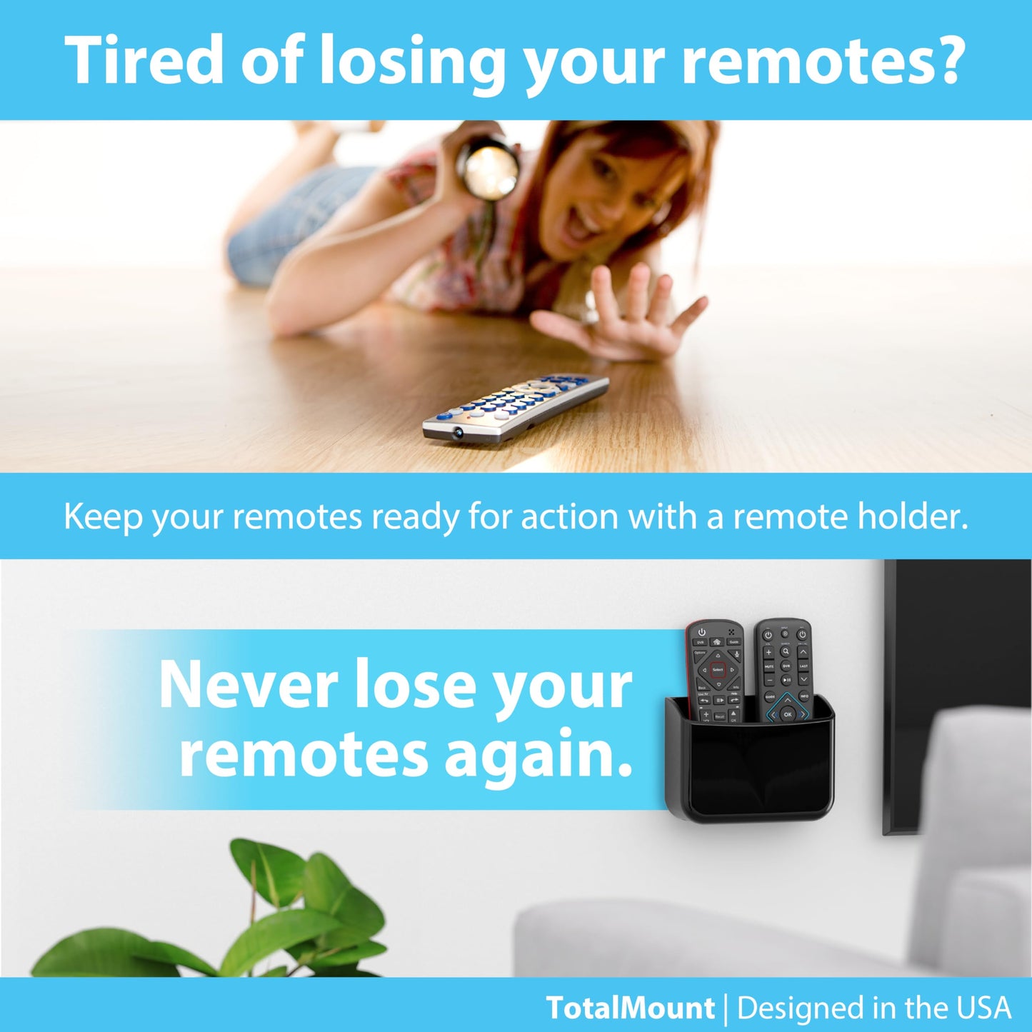 TotalMount Universal Remote Control Holder - Attaches to Wall or Back of TV - Compatible with All TV Remotes (Premium Black, Large Two Pack)