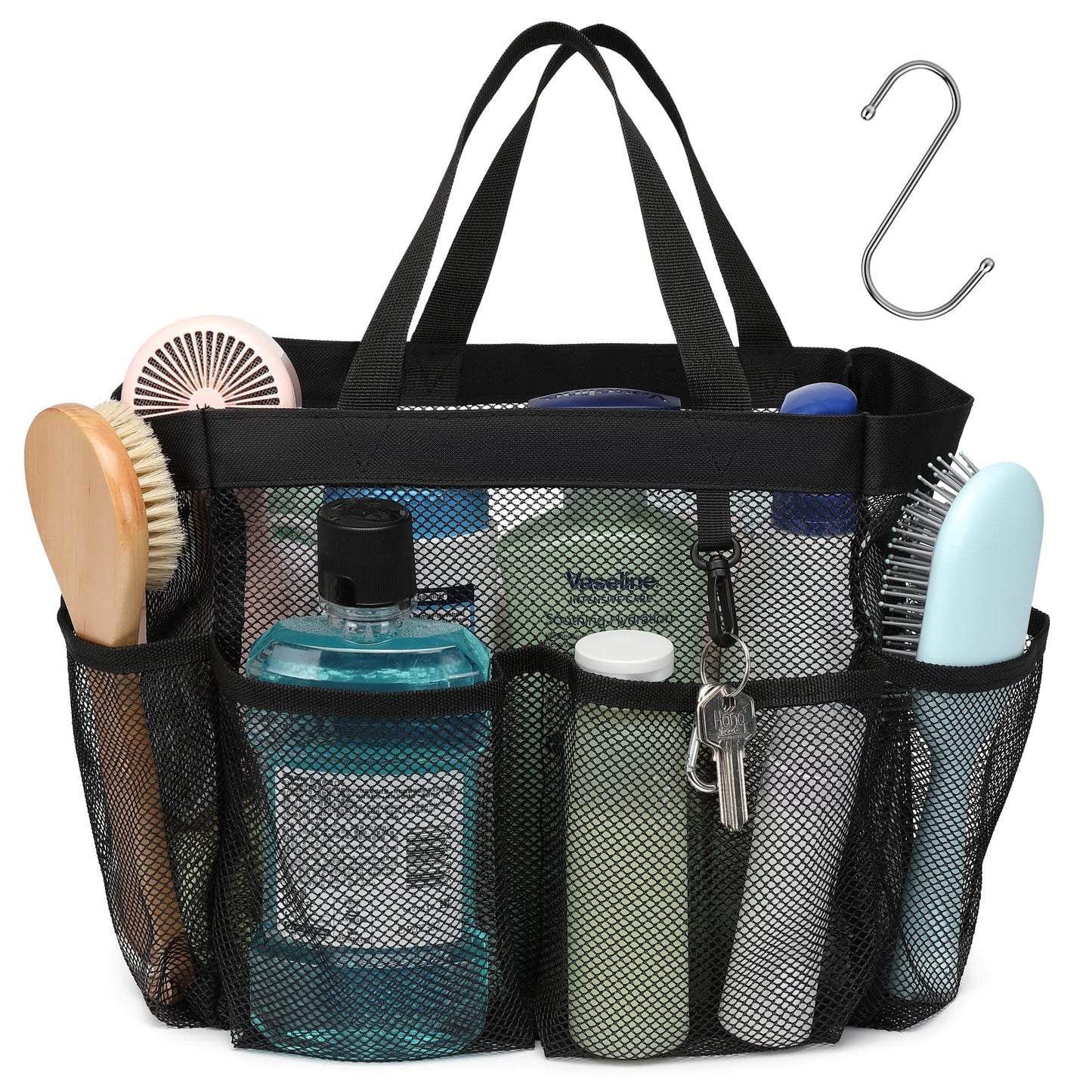 F-color Mesh Shower Caddy – Portable 7-Pocket Quick Dry Tote with S Hook & 2 Handles for Dorm, Gym, Bathroom, Camp – Black