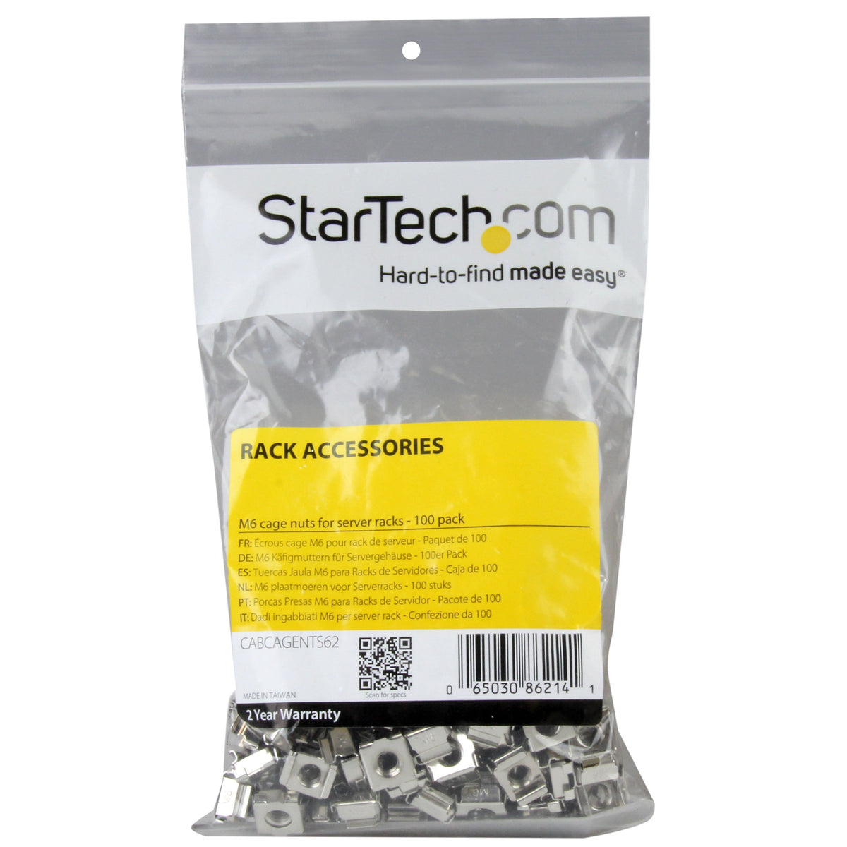 StarTech 100-Pack M6 Square Hole Cage Nuts & Tool, Nickel-Plated, TAA