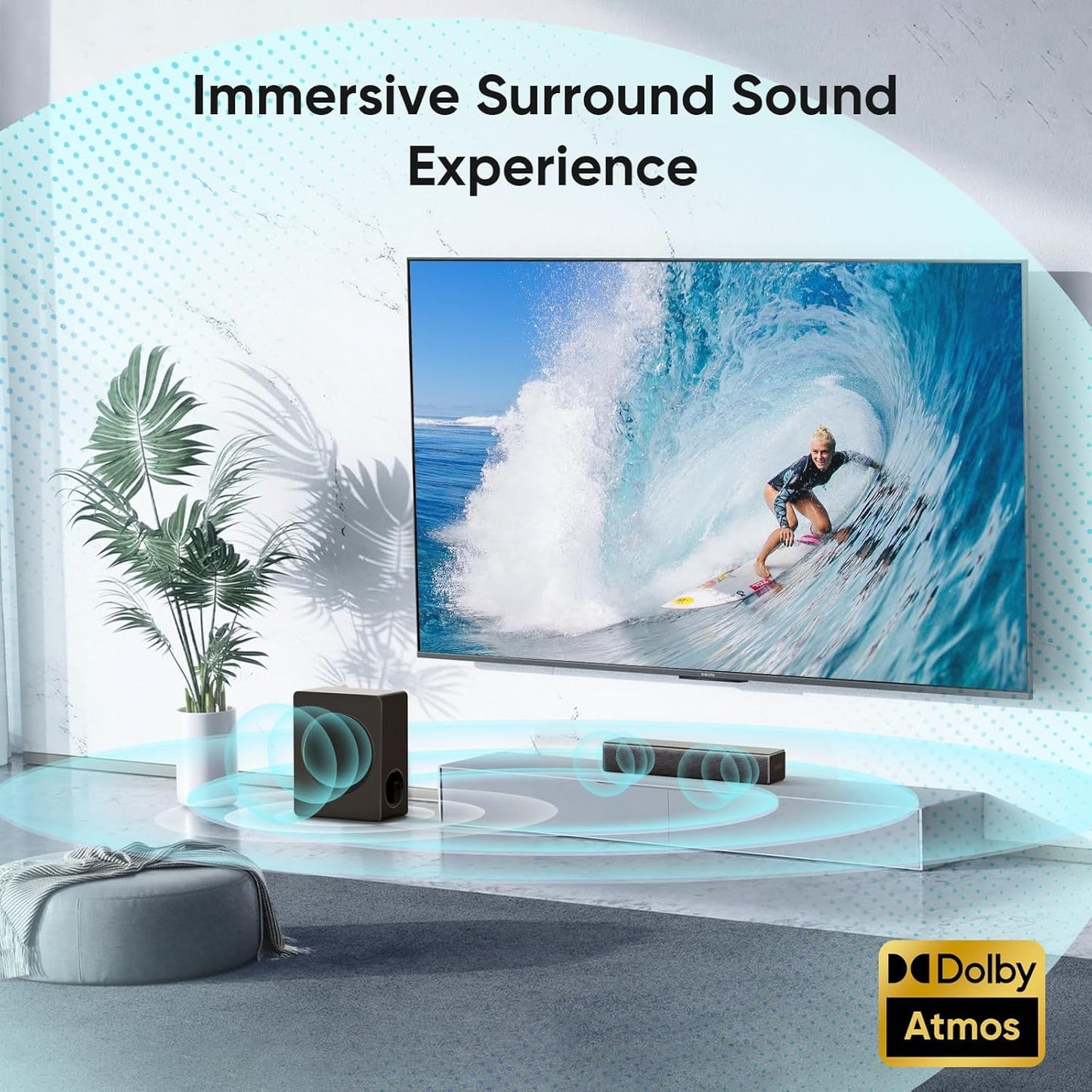 GEOYEAO Sound bar with subwoofer, 100W 2.1 ch soundbar w/Dolby Atmos Surround Sound System, 3D Bass Adjustable Home Theater Bluetooth TV Speaker