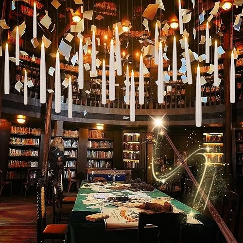 TLNFHRPI 24 Pack LED Floating Candles with Wand Remote, 6.5 Inch Flameless LED Taper Candles with Flickering Warm Light, Hanging Suspended Candles