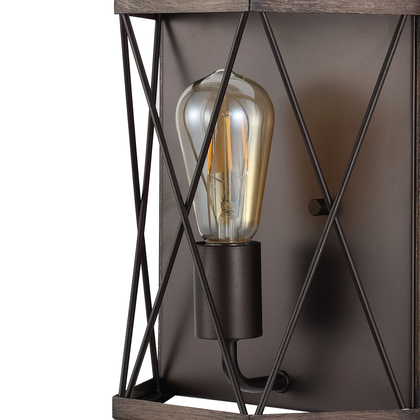 JONATHAN Y 8.25" Wood Finished/Oil Rubbed Bronze 1-Light Iron Sconce, Rustic Farmhouse X-Frame Wall Lantern for Entryway Hallway, Modern Industrial