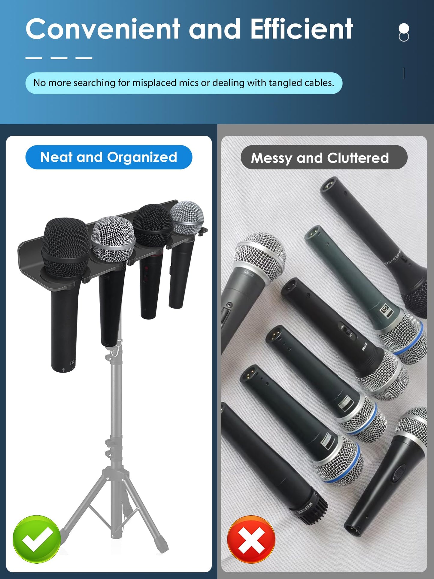 Multi Microphone Holder (Aluminum) for Handheld Dynamic, Wired and Wireless Mics, Multiple Mic Organizer for Mic Stand, Rubber Padding/Wall Mounted or