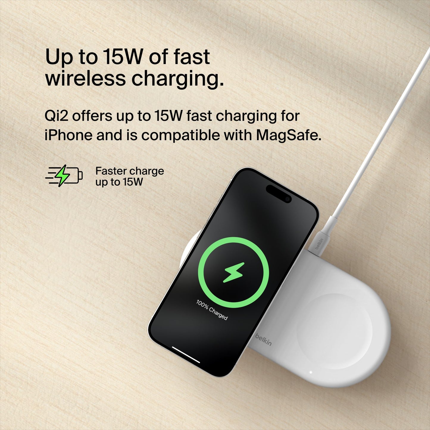Belkin 2-in-1 Wireless Charging Pad w/ Qi2 15W + Additional USB-C Port - MagSafe-Compatible Charger, Charging Station for iPhone 16 & 15 Series