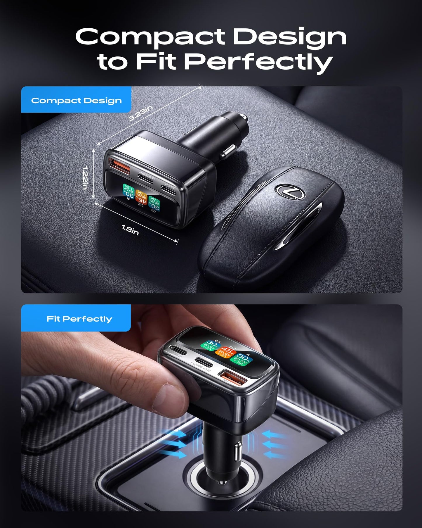 105W USB C Car Charger with Digital Color Display, 3-Port Fast Charging Cigarette Lighter Adapter for iPhone 17/16/15 Pro Max, Samsung S26, Travel Car