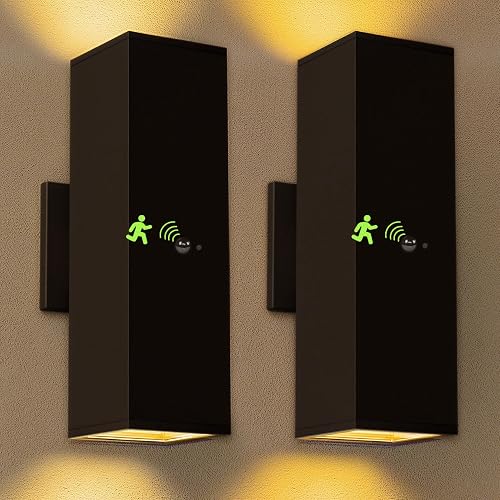 Motion Sensor Outdoor Wall Lights 2-Pack, Dusk to Dawn Exterior Light Fixtures with 3 Lighting Modes, 13'' Up Down Porch Lights with 15W LED Bulbs