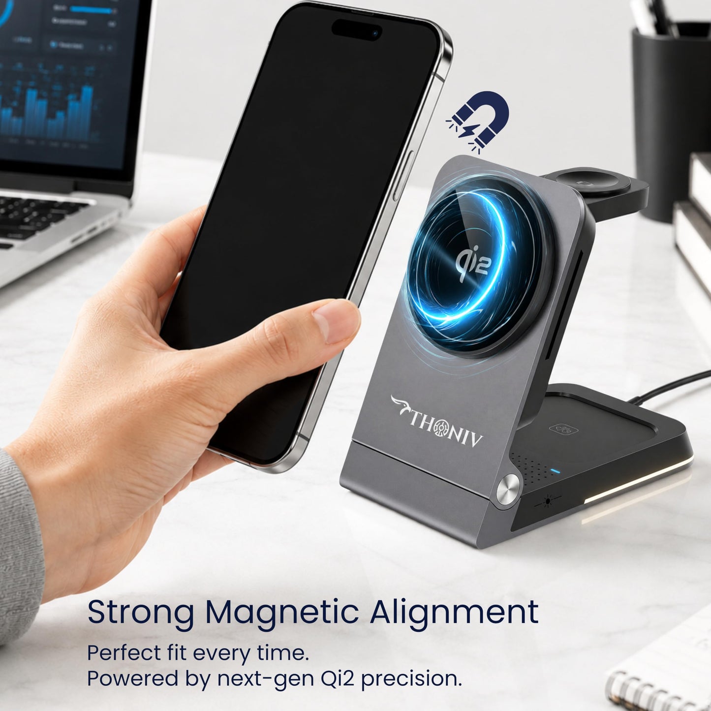 THONIV- Qi2 3-in-1 Magnetic Wireless Charging Station, Foldable 15W Fast Charger for iPhone 12-17 Series, Apple Watch and Wireless Earbuds, Portable