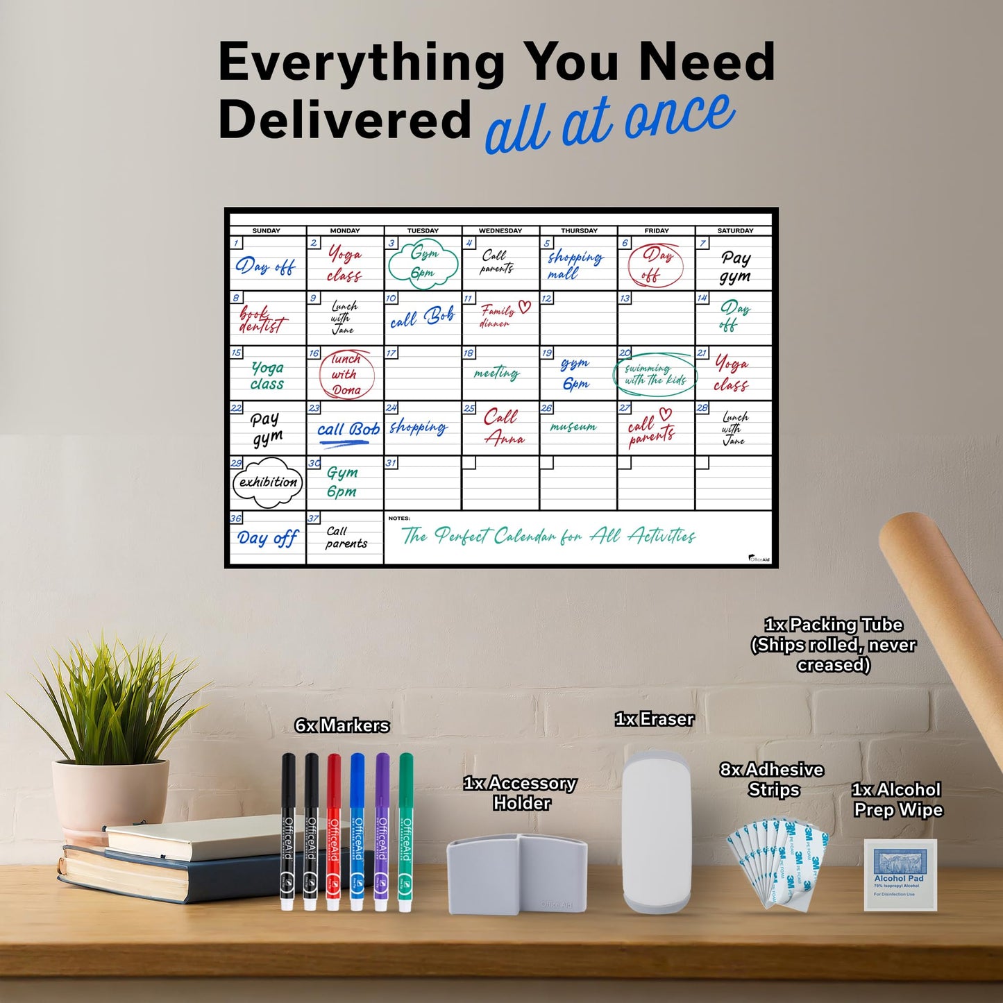 Yearly Large Dry Erase Calendar for Wall 36x48, 12 Office Annual, Erasable Month, Rolled Whiteboard White Board, Year Calendar Planner Giant Family