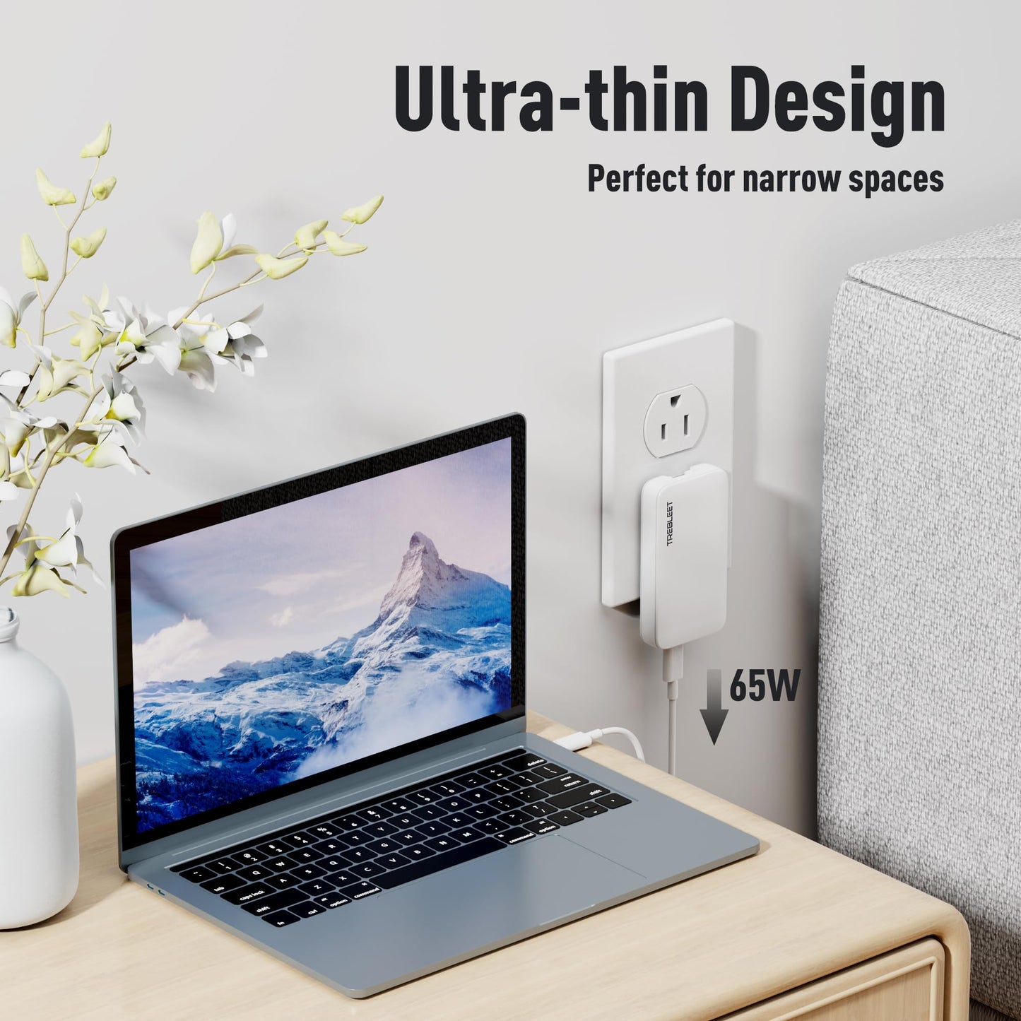 Ultra Thin 65W USB C Charger, Foldable for Travel, Flat Dual Port with PD 3.0 & GaN Tech for Laptops, MacBook, iPad Pro, iPhone 13/13 Pro, iPad