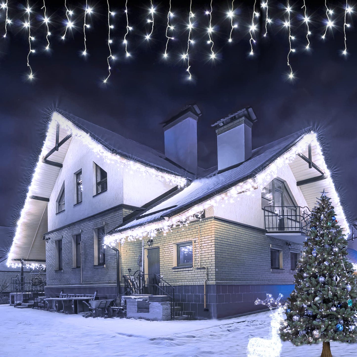 USOKYO Icicle Christmas Lights, 62FT LED Icicle String Lights with 144 Drops, Outdoor/Indoor Use, 8 Modes, Cool White