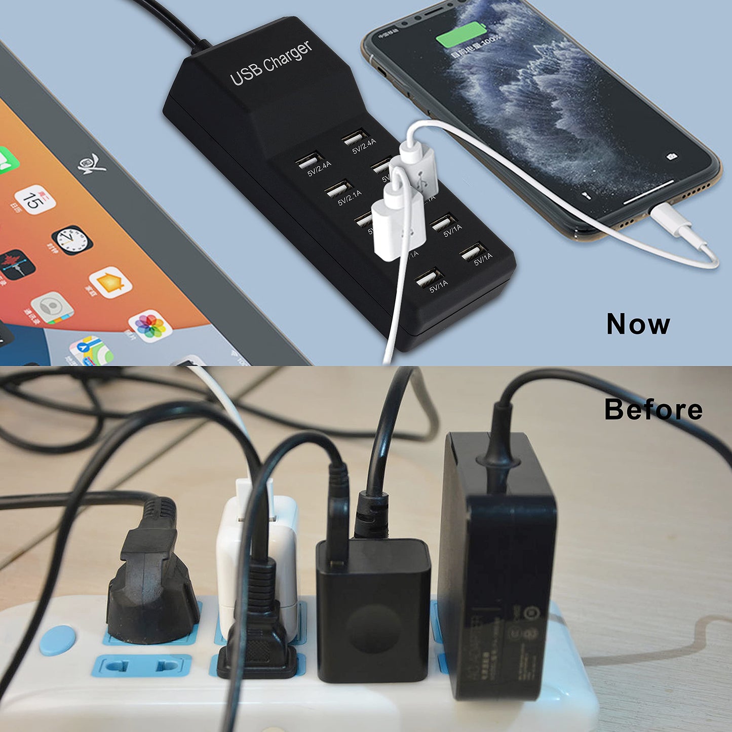 Wyssay 50W USB Charging Station with 10-Port Family-Sized Smart USB Ports for Multiple Devices - Smart Phone, Tablet, Laptop Computer - for iPhone