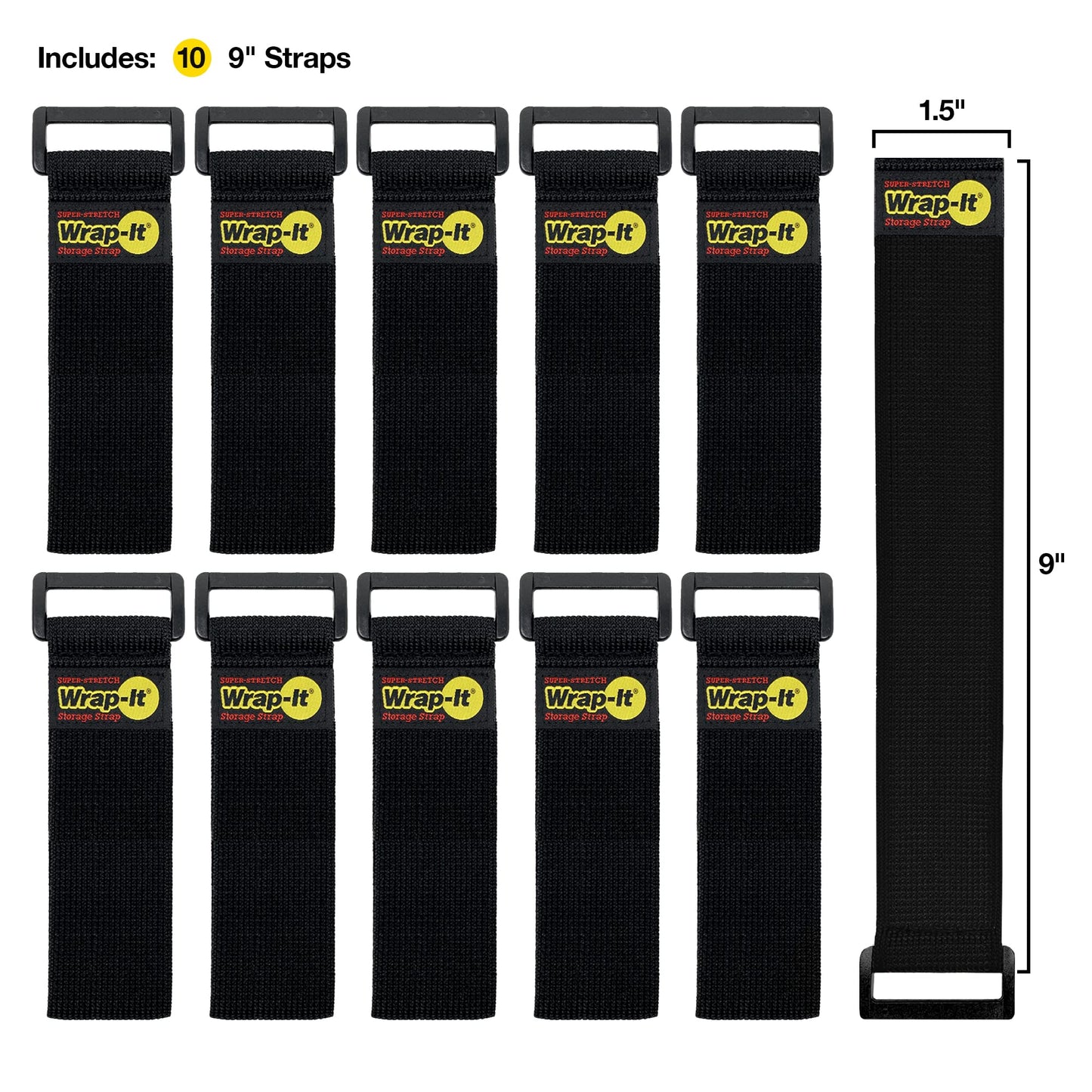 Super-Stretch Wrap-It Storage Straps - 9" (10 Pack) - Elastic Cinch Straps for Extension Cord Management, Cable Storage, Hose Organizer with Hook