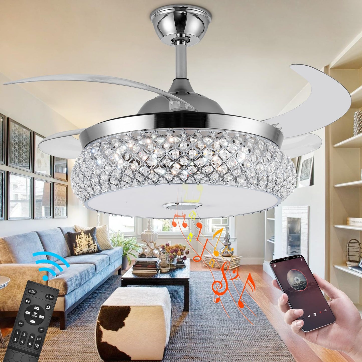 Panghuhu88 42" Invisible Ceiling Fan Chandelier with Light and Bluetooth Speaker,Modern 3 Color Change Crystal Ceiling Fan Light Remote Control 4