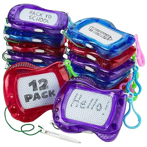 Bedwina Mini Magnetic Drawing Board for Kids - (Pack of 12) Backpack Keychain Clip Drawing Boards, Erasable Doodle Sketch Writing Pad Boys & Girls…