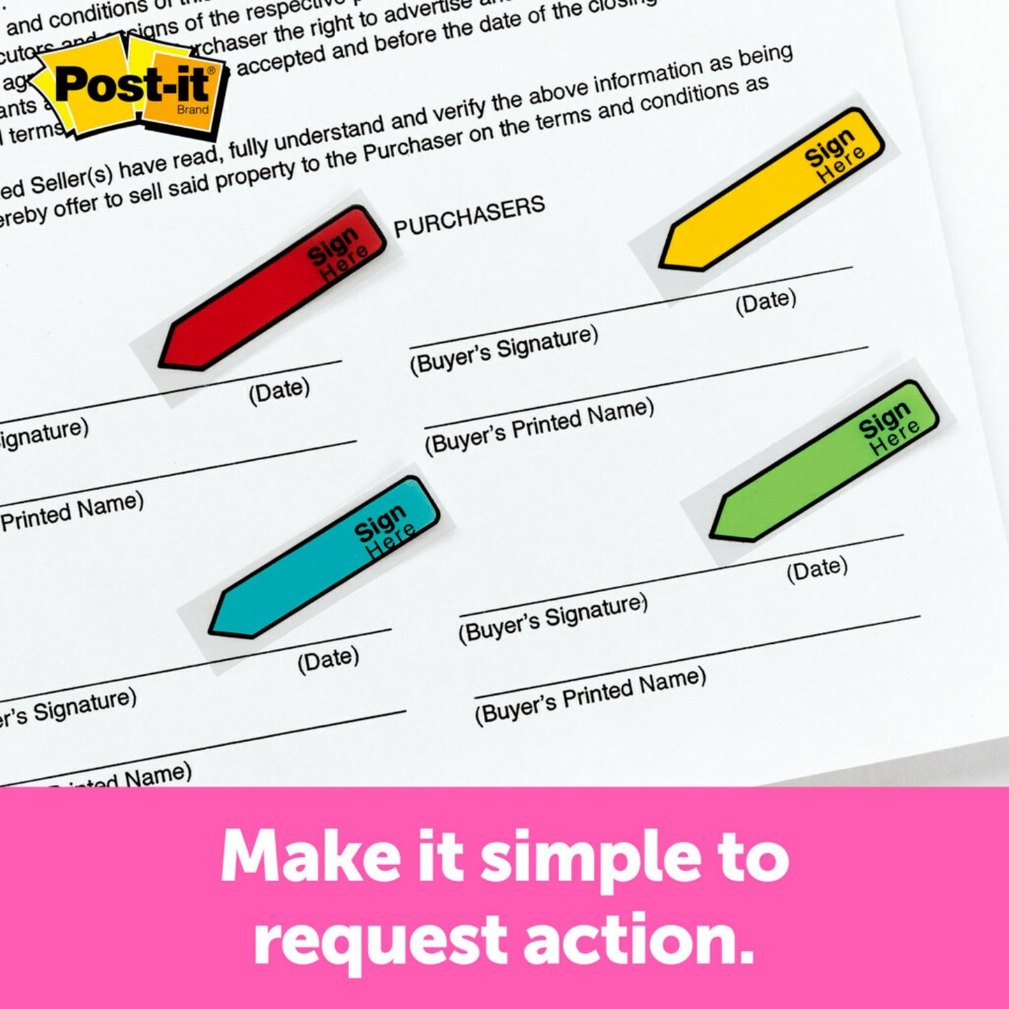 Post-it Message Flags, Sign Here, .47 x 1.7 in, Assorted Colors, 4 Pack