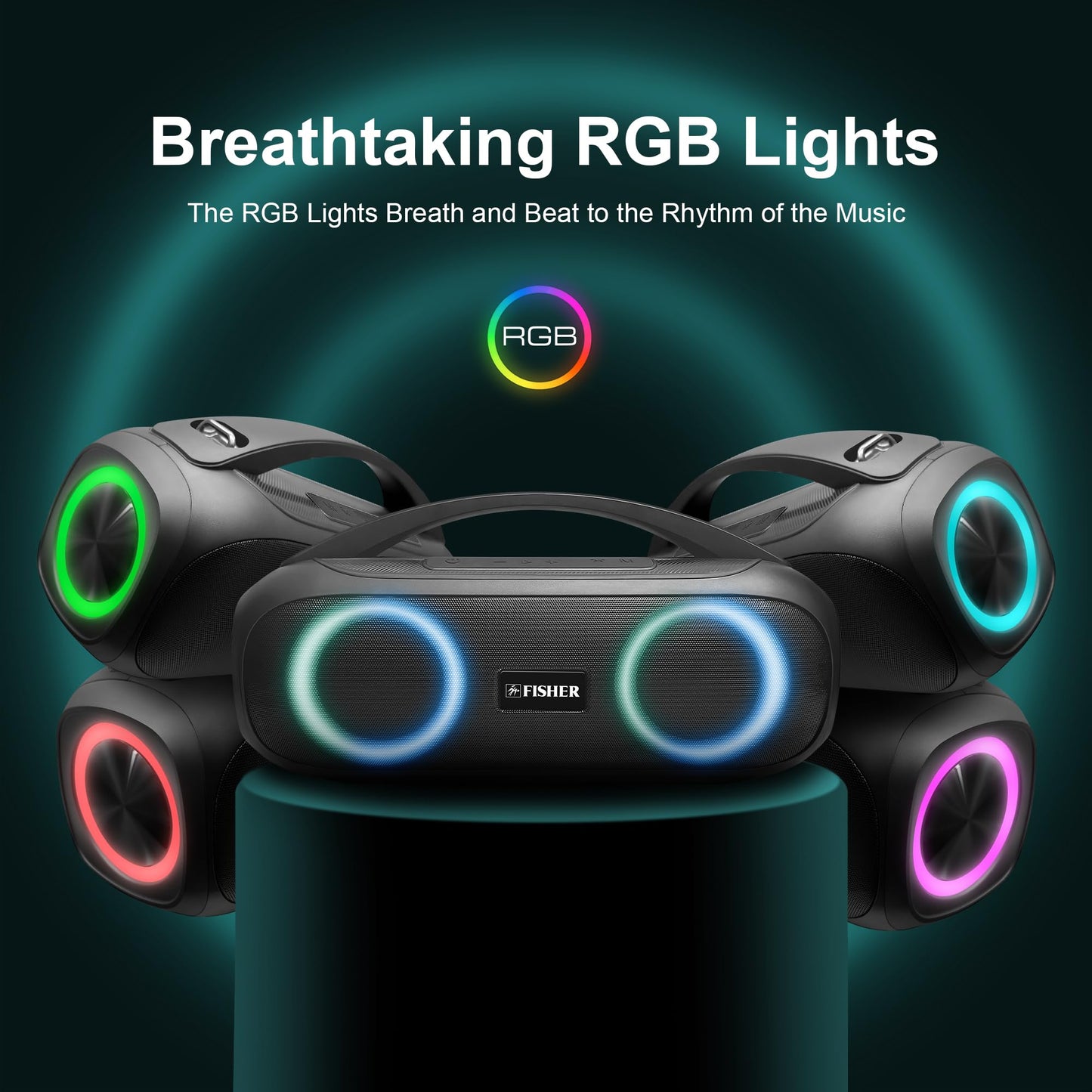 Fisher Portable Bluetooth Speakers, IPX5 Waterproof Speaker, 60W Peak Power Stereo Boombox HD Sound Bluetooth Speaker with RGB Lights, TWS, FM Radio