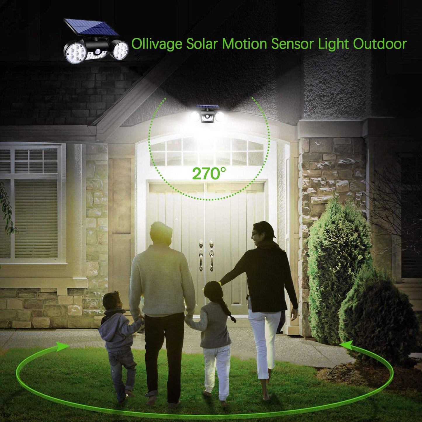 Ollivage Outdoor Solar Lights, 30 LED Solar Security Lights with Motion Sensor Dual Head Spotlights IP65 Waterproof 360° Adjustable LED Solar Motion