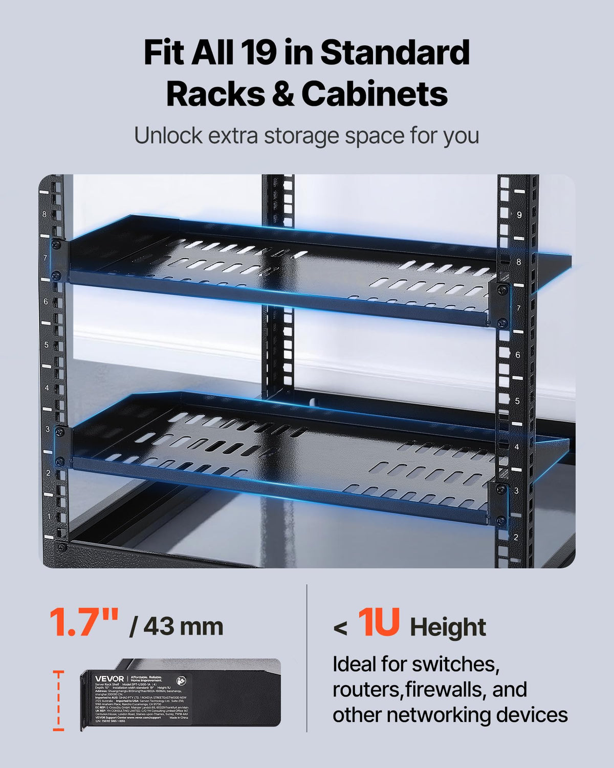 VEVOR 1U Server Rack Shelf, 4 PCS, 50 lbs Max Load-Bearing Vented Cantilever, Wall Mount or Rack Mount Shelf with Tray, 10 in Depth, Good Air