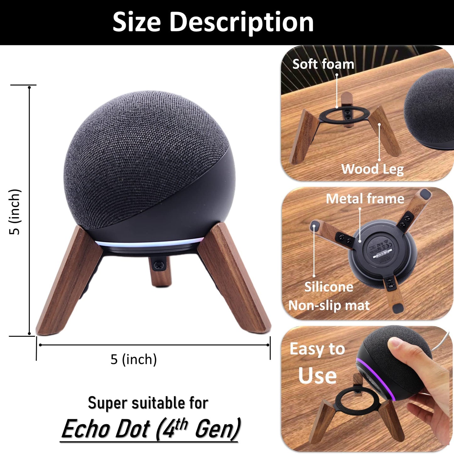 Real Wood Stand for Echo Dot (5th Gen)(4th Gen),Tripod Accessories Protect Speaker for Better Sound,Secure Stable Wooden Mount Holder for Echo Dots
