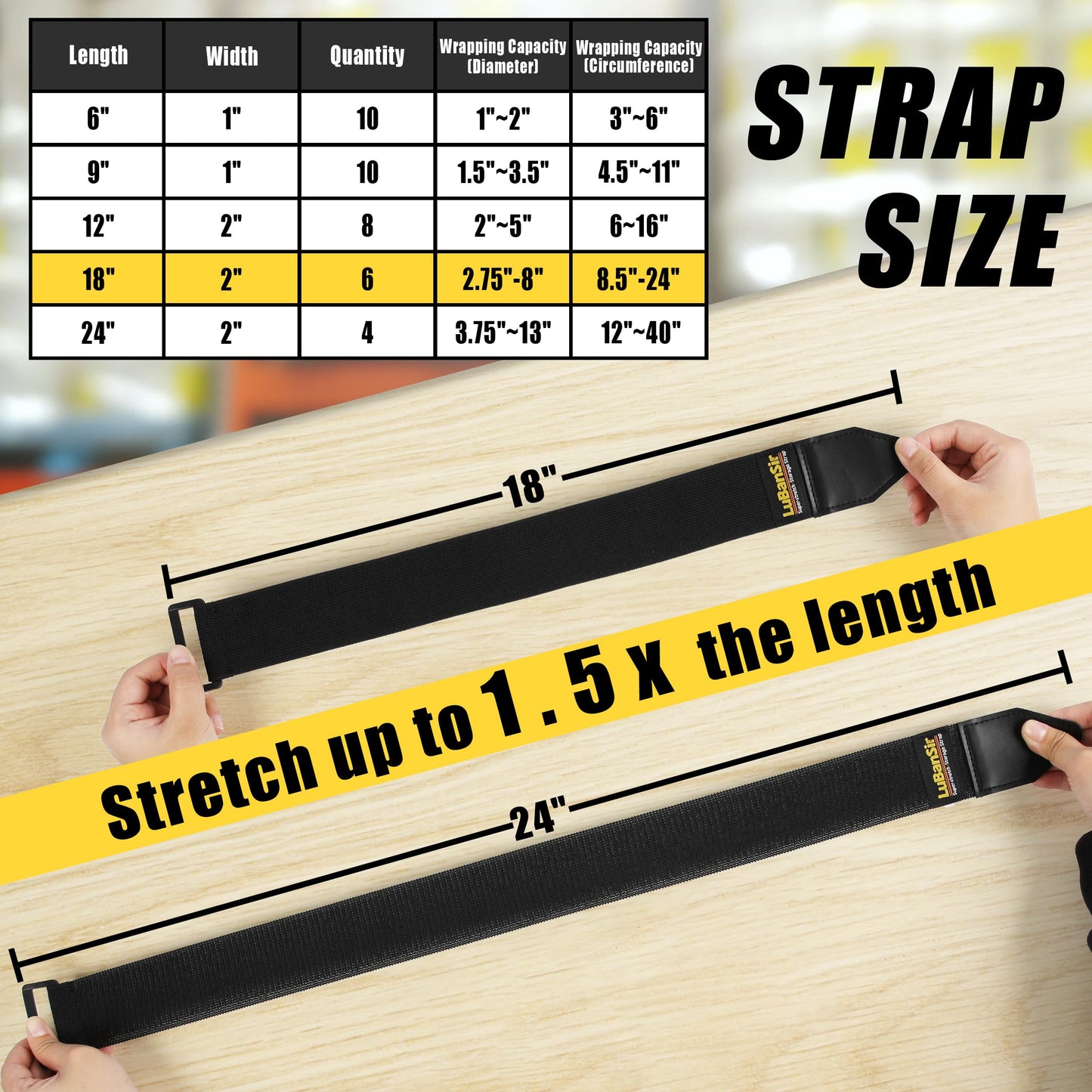LuBanSir Cinch Straps - 2" x 18" (6 Pack) Elastic Hook and Loop Storage Straps with Buckle for Bicycle, Truck, Boat and More for Extension Cords