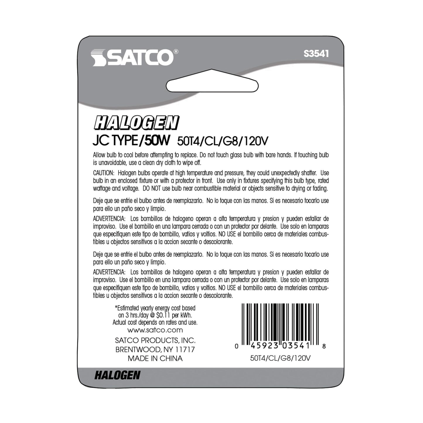 Satco S3541 1/Card 120V 50-Watt T4 G8 Base Light Bulb, Clear