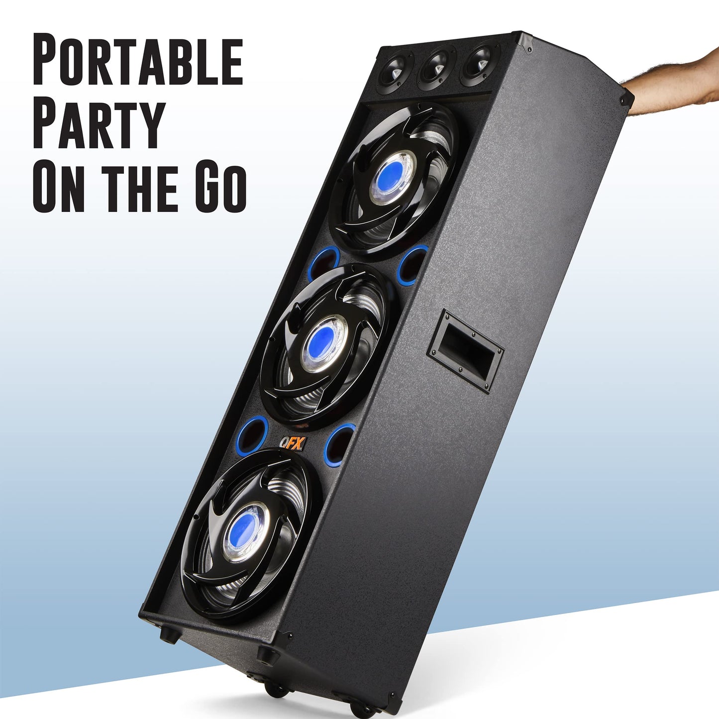 QFX SBX-412300BT TWS Bluetooth Triple 12” Woofer Triple 1” Tweeter Recording High-Performance PA Cabinet Speaker with 10-Band Graphic EQ, 2 Microphone