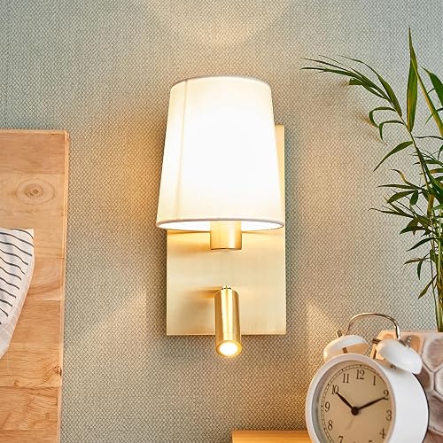 Lucande 12.1" Wall Sconce with Shade & Reading Light, White Fabric Wall Lamp for Bedroom, Gold Bedside Wall Light with LED Reading Light 3000K 205 lm