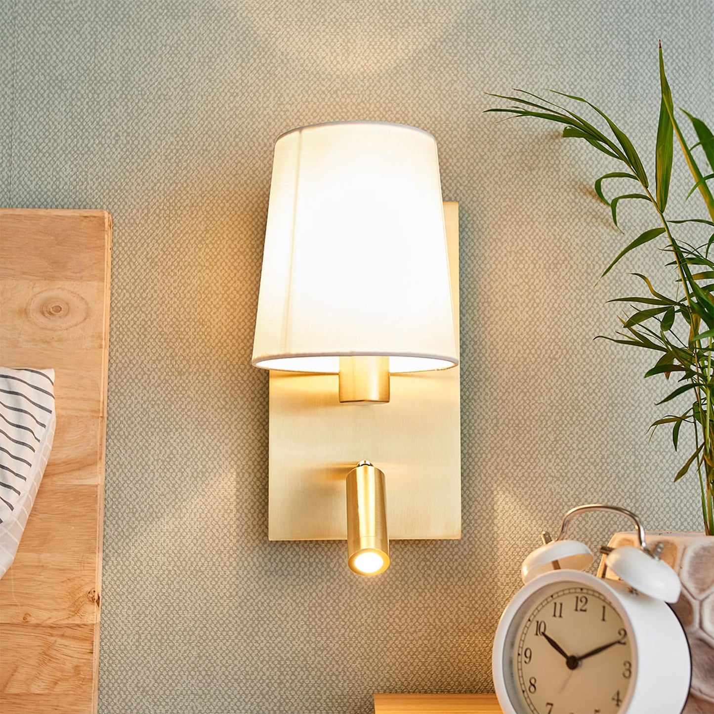Lucande 12.1" Wall Sconce with Shade & Reading Light, White Fabric Wall Lamp for Bedroom, Gold Bedside Wall Light with LED Reading Light 3000K 205 lm