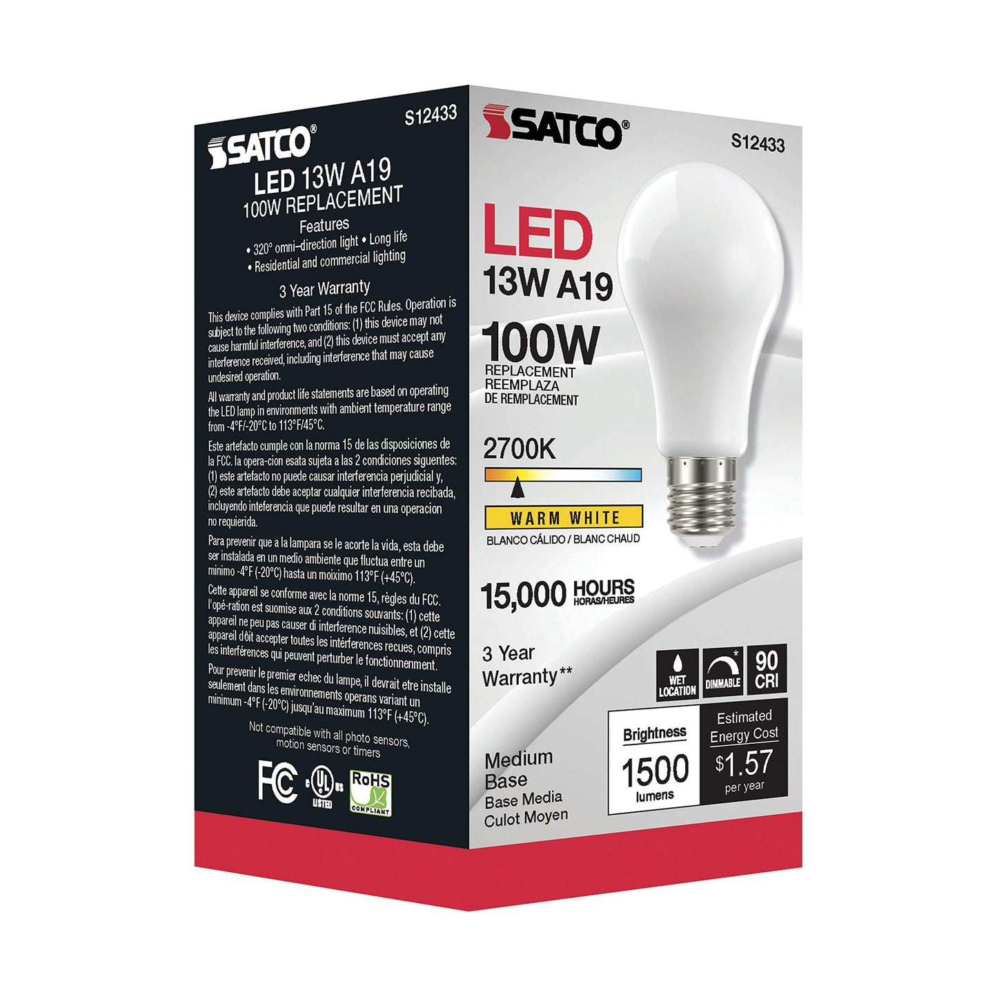 Satco S12433 Bulb, Warm (2700K) -13.5watt