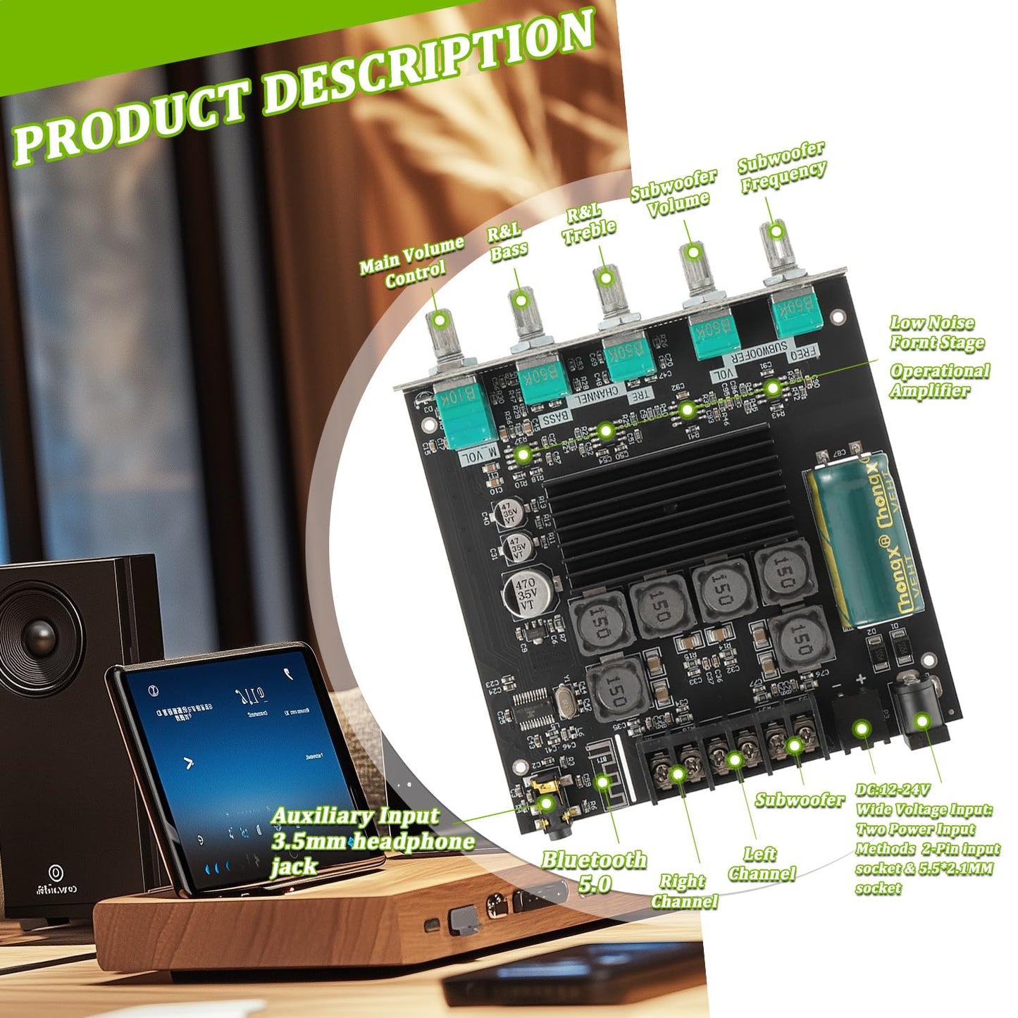 EPLZON 50W*2+100W Bluetooth Amplifier Board with Treble and Bass Control TPA3116D2 Chips DC 12-24V BT and AUX Inputs 2.1 Channel Stereo AMP Board