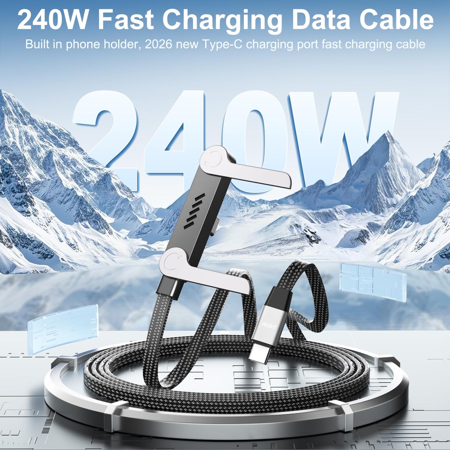 240W Braided Fast Charge Cable with Built-in Phone Stand, 2026 New Invisible Stand Charging Cable, 4.92ft T-shaped Foldable Furable USB-C Cord 90