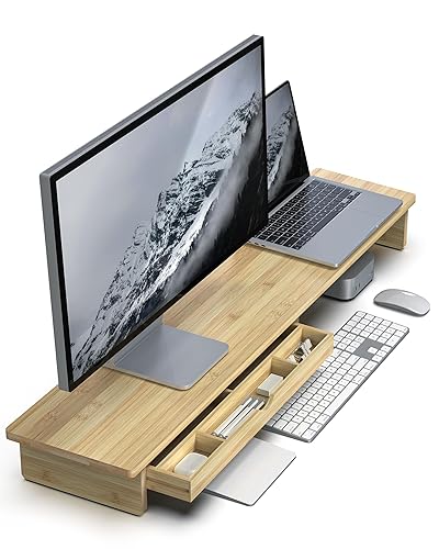 WELL WENG Bamboo Monitor Stand with Large Storage Drawer, 42 Inch Ergonomic Computer Riser for Desk, Screen Shelf with 5 Compartments for Keyboard