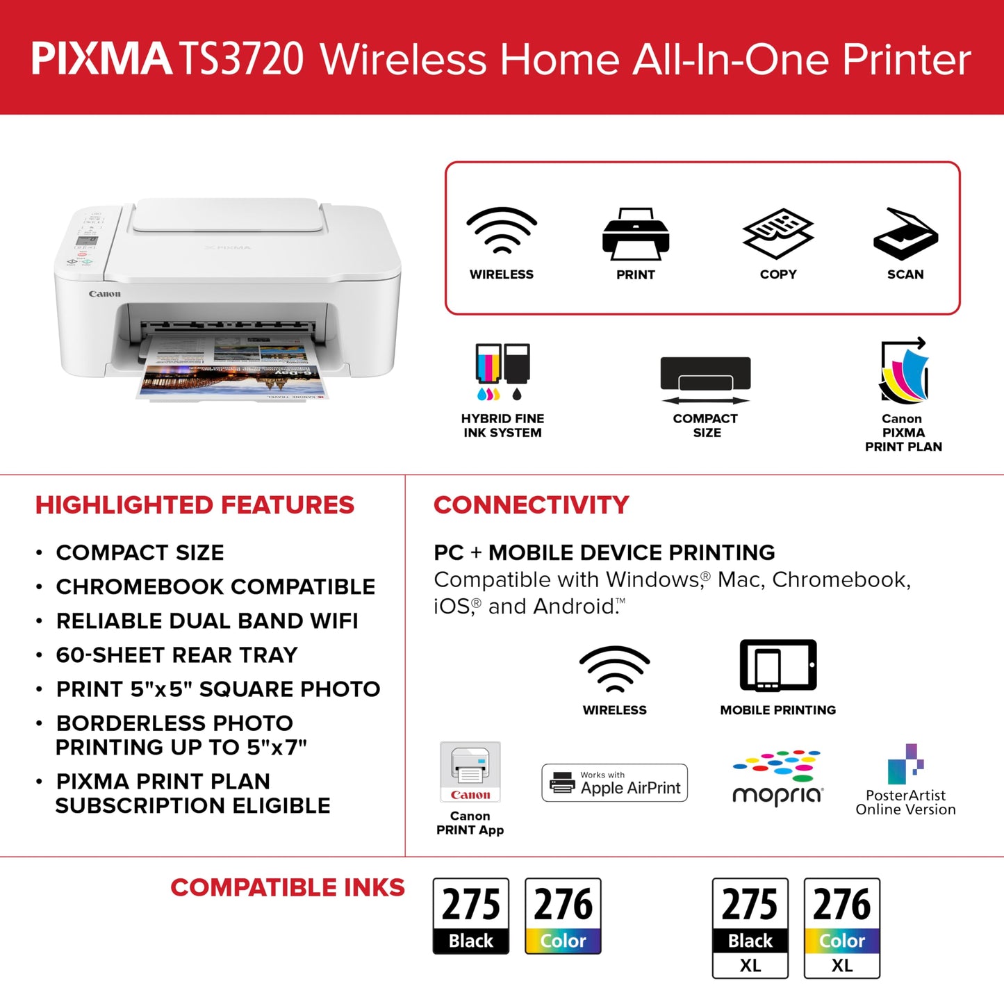 Canon PIXMA TS3720 Wireless All-in-One Printer for Basic Home Printing, White
