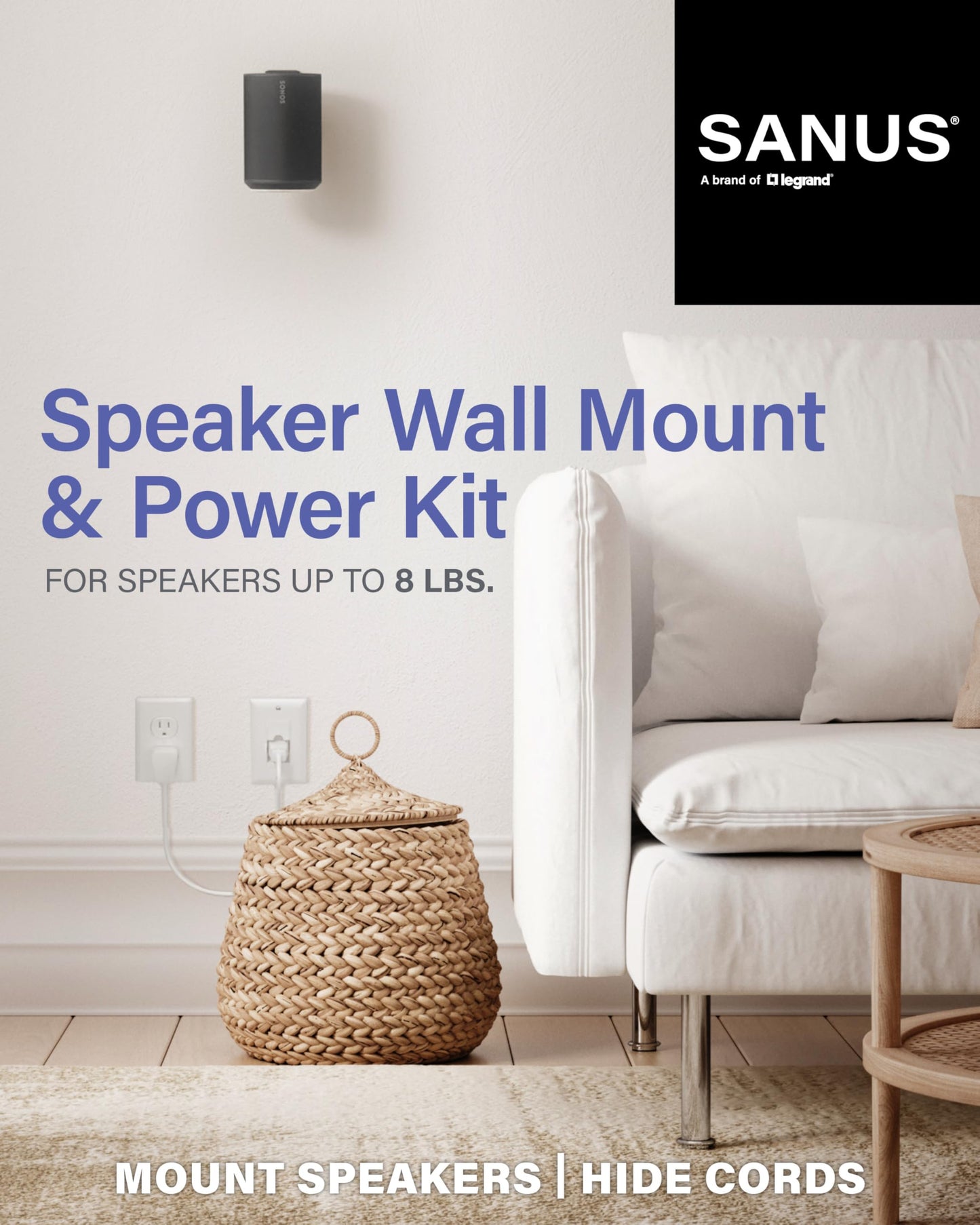 SANUS Speaker Wall Mount + Power Kit - Universal Speaker Mount Tilts, Swivels & Hides Cords Behind Wall w/ 10ft ETL Certified Cable - DIY Install