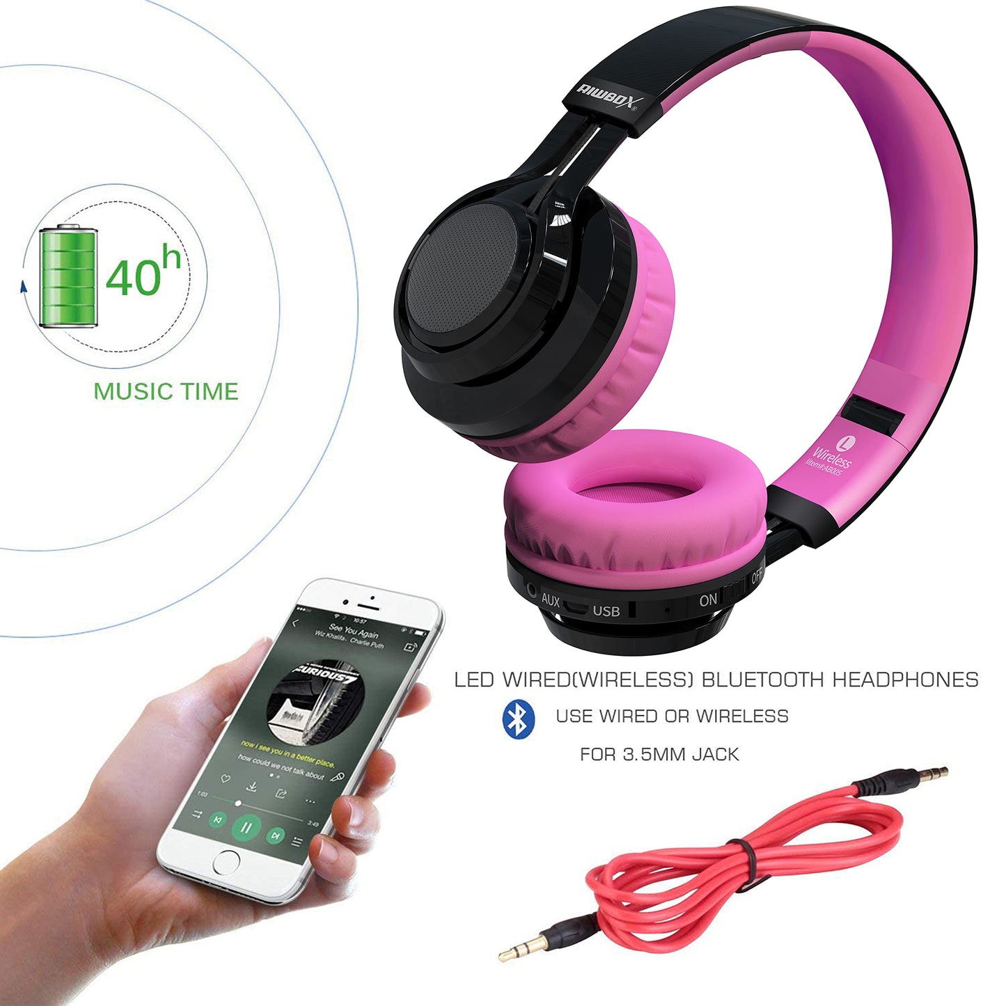 Riwbox Bluetooth Headphones for Kids, AB005 Wireless Kids Headphones V5.3 with Microphone Foldable Headset with LED Light and TF Card FM Radio