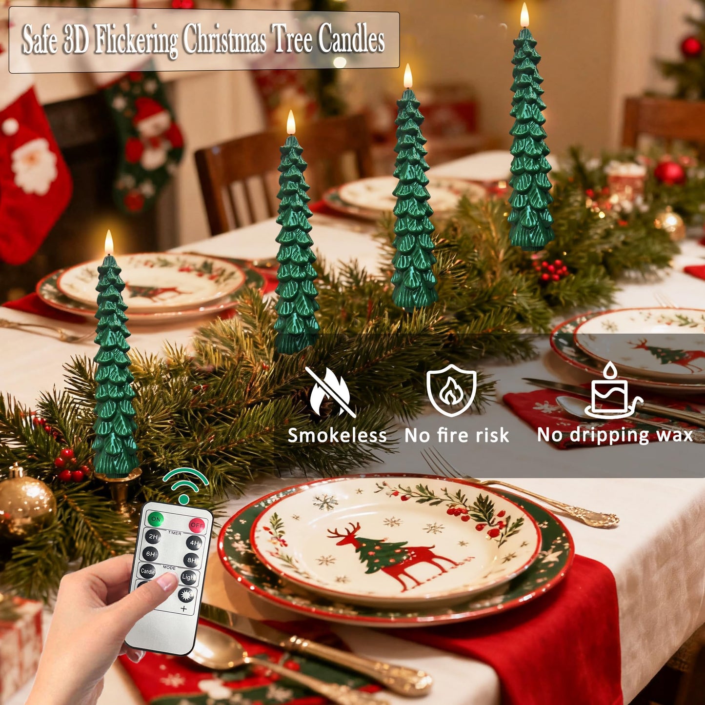 Htscudtg Christmas Tree Candles with Remote Timer, 4 Pcs 9.6" LED Flameless Taper Candles, Battery Operated Xmas Green Tree Shaped Candlesticks