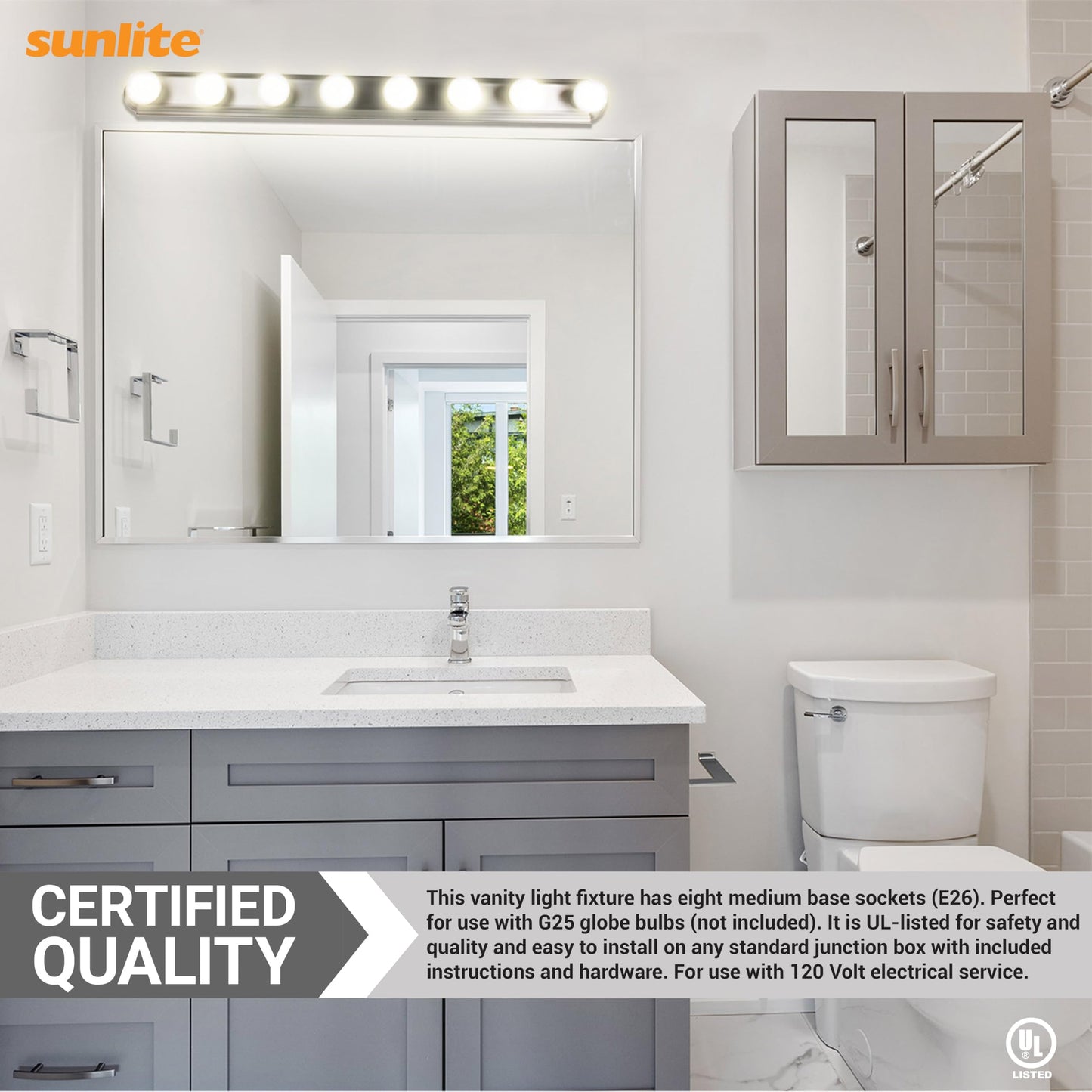 Sunlite 45300 Art Deco Style Brushed Nickel Vanity Light Fixture, 48-Inch, 8 Medium Base Sockets (Bulbs Not Included), Dimmable, UL Listed, Bathroom