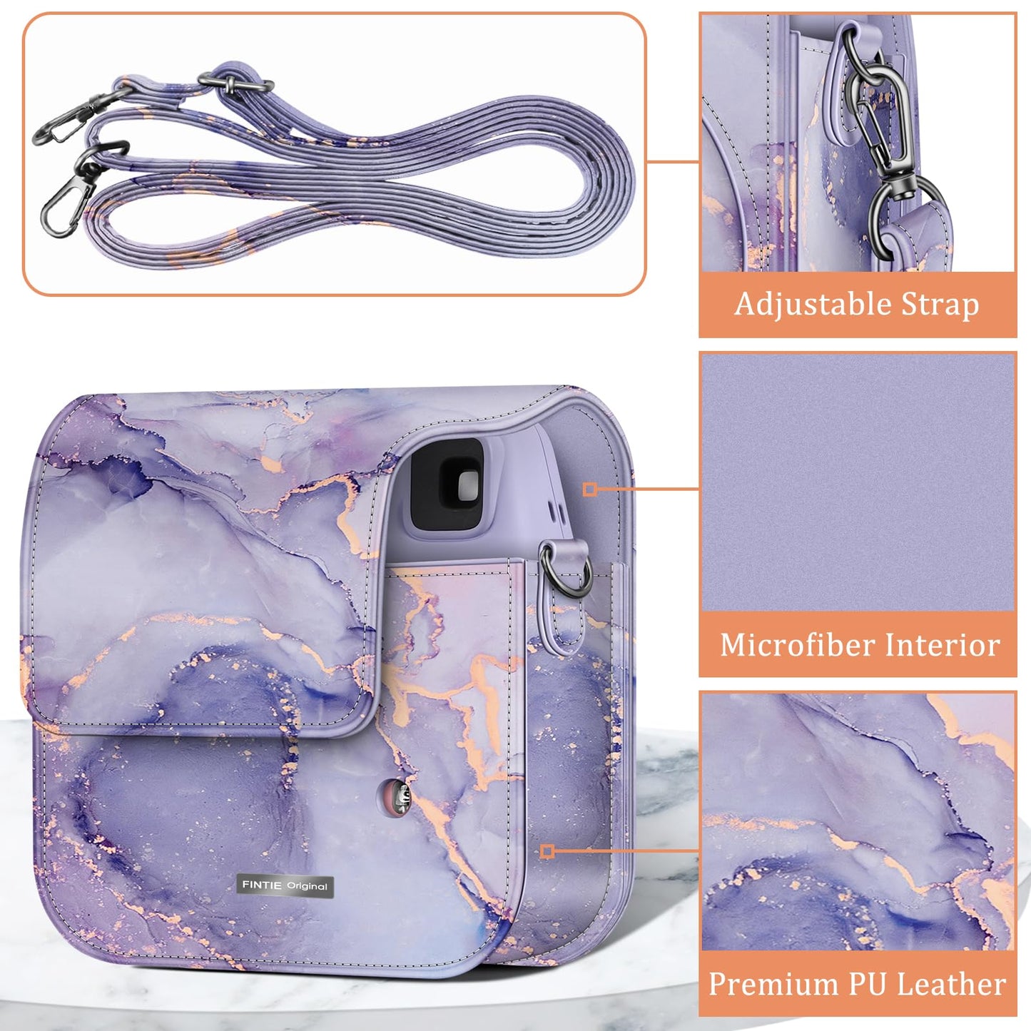 Fintie Protective Case for Fujifilm Instax Mini SE Instant Camera - Premium Vegan Leather Bag Cover with Removable Adjustable Strap, Lilac Marble