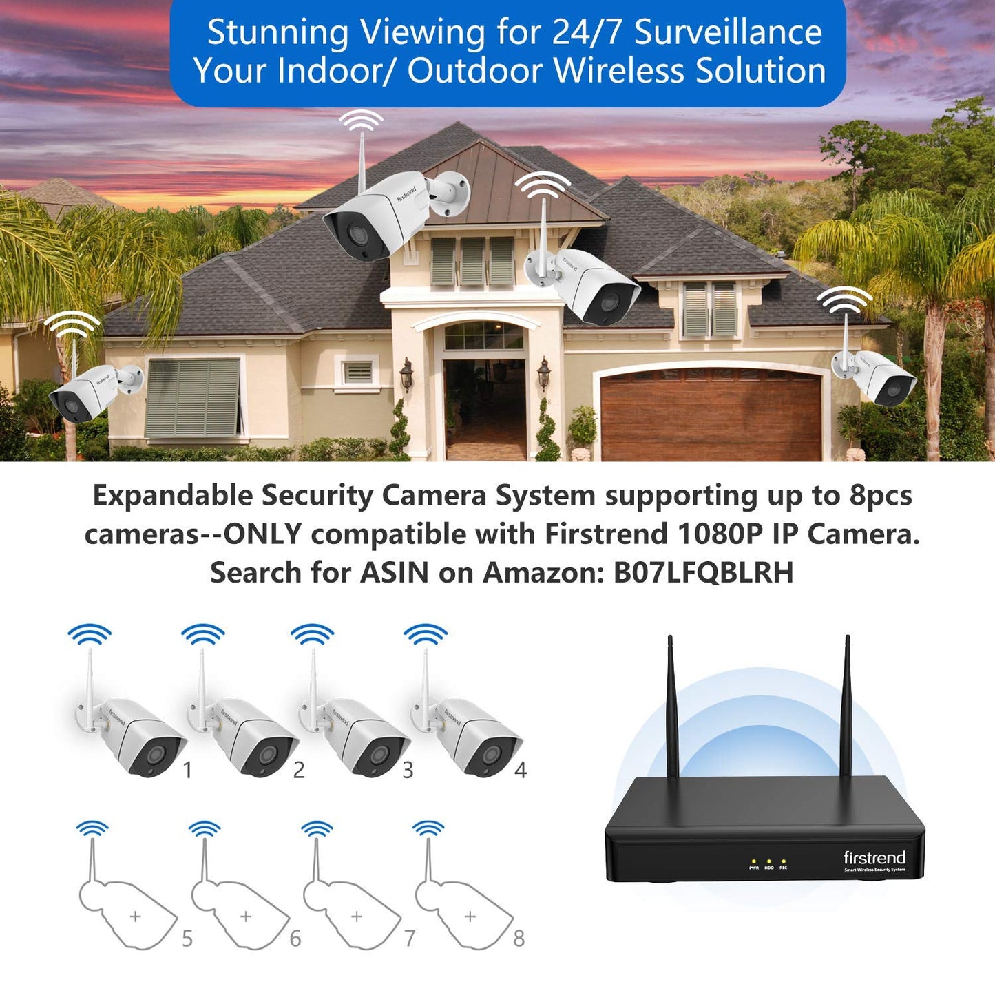 1080P Wireless Security Camera System, Firstrend 8CH Wireless NVR System with 8 pcs 1080P HD Security Camera and 3TB Hard Drive Pre-Installed, CCTV
