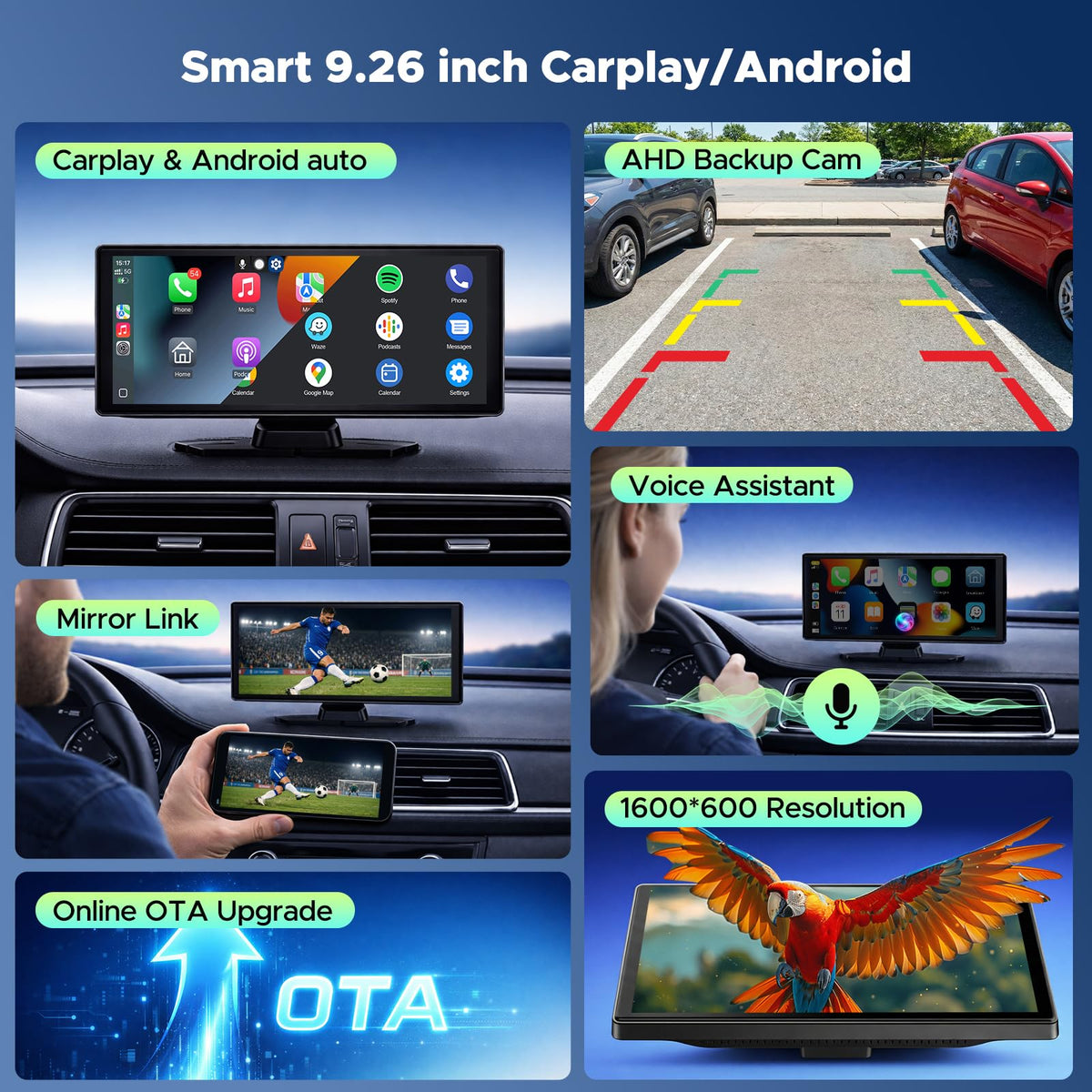 LAMTTO 9.26" Wireless CarPlay Screen for Car, Android Auto, Backup Camera