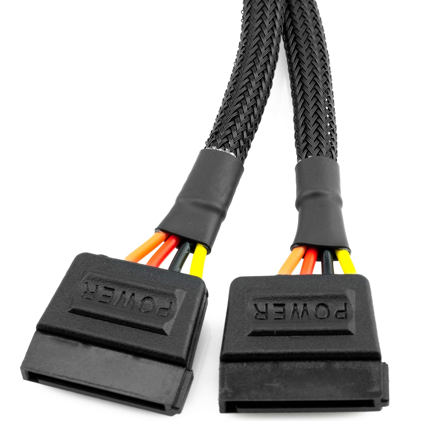 CRJ 4-Pin Molex to Dual 15-Pin SATA Power Adapter Cable - 12-inch (30cm), Black Sleeved - Power Two SATA Hard Drives and SSDs from a 4-Pin Peripheral