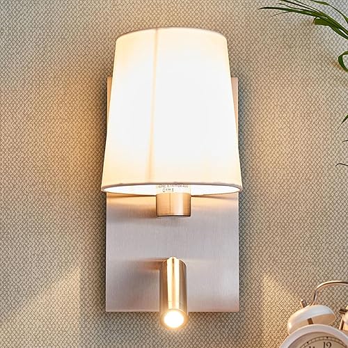 Lucande 12.1" Wall Sconce with Shade & Reading Light, White Fabric Wall Lamp for Bedroom, Silver Bedside Wall Light with LED Reading Light 3000K 205