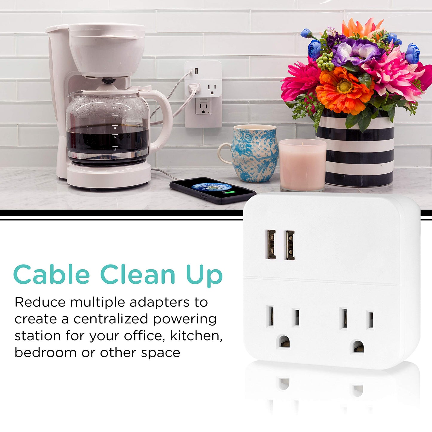 Cordinate 2 Outlet Extender, 3 Prong, Compact Adapter, Station, 2.1A USB Ports, Fast Charge for Devices, Easy Access Design, 2 Pack, White, 56162